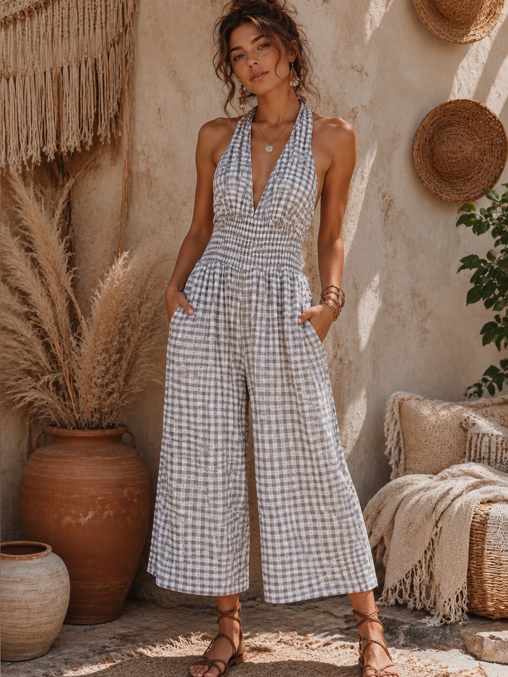 Urban Outfitters White Boho Smocked Waist Jumpsuit
